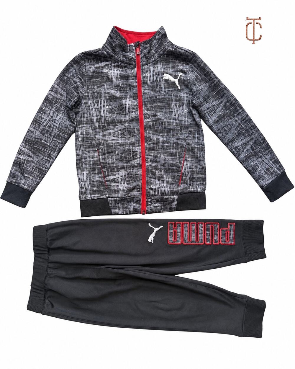 PUMA Boys Black Gray Red Tracksuit Jacket Jogger Pants 2-Piece Set Size S